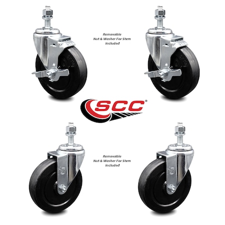 Service Caster 5 Inch Soft Rubber Wheel Swivel 12mm Threaded Stem Caster Brakes SCC, 2PK SCC-TS20S514-SRS-M1215-2-TLB-2